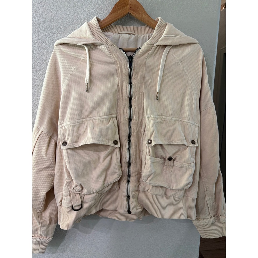 Free People Herringbone Corduroy Utility Hooded Jacket Peach Beige OB1466298 L